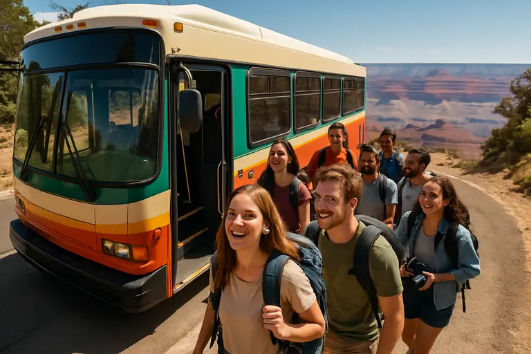 Shuttle stop near canyon viewpoints with visitors waiting in fall light
