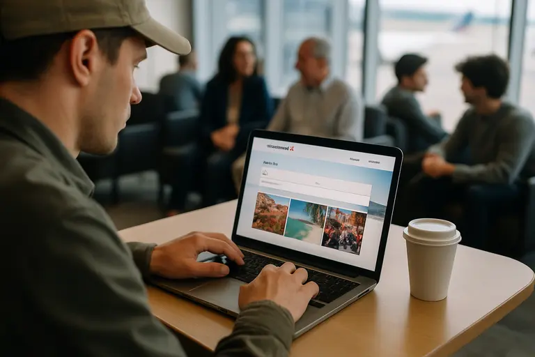 Traveler reviewing an airline seat map on a laptop before booking
