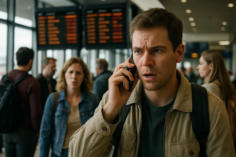 Traveler reviewing flight options on a phone beside a carry-on suitcase
