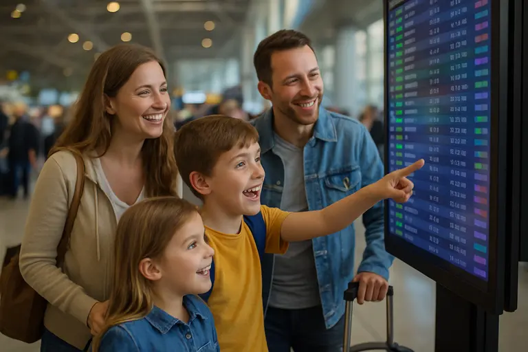 Travelers reviewing flight information screens inside a busy terminal